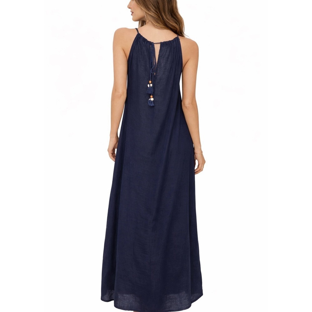 Sigrid Olsen Linen Blend Maxi Dress Women XL Blue Boho Minimalist Coastal Tassel - Picture 2 of 9